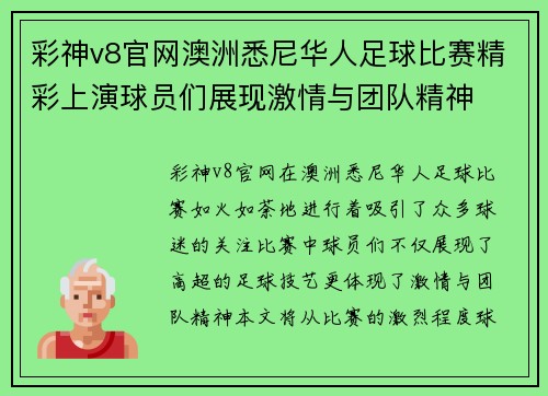 彩神v8官网澳洲悉尼华人足球比赛精彩上演球员们展现激情与团队精神
